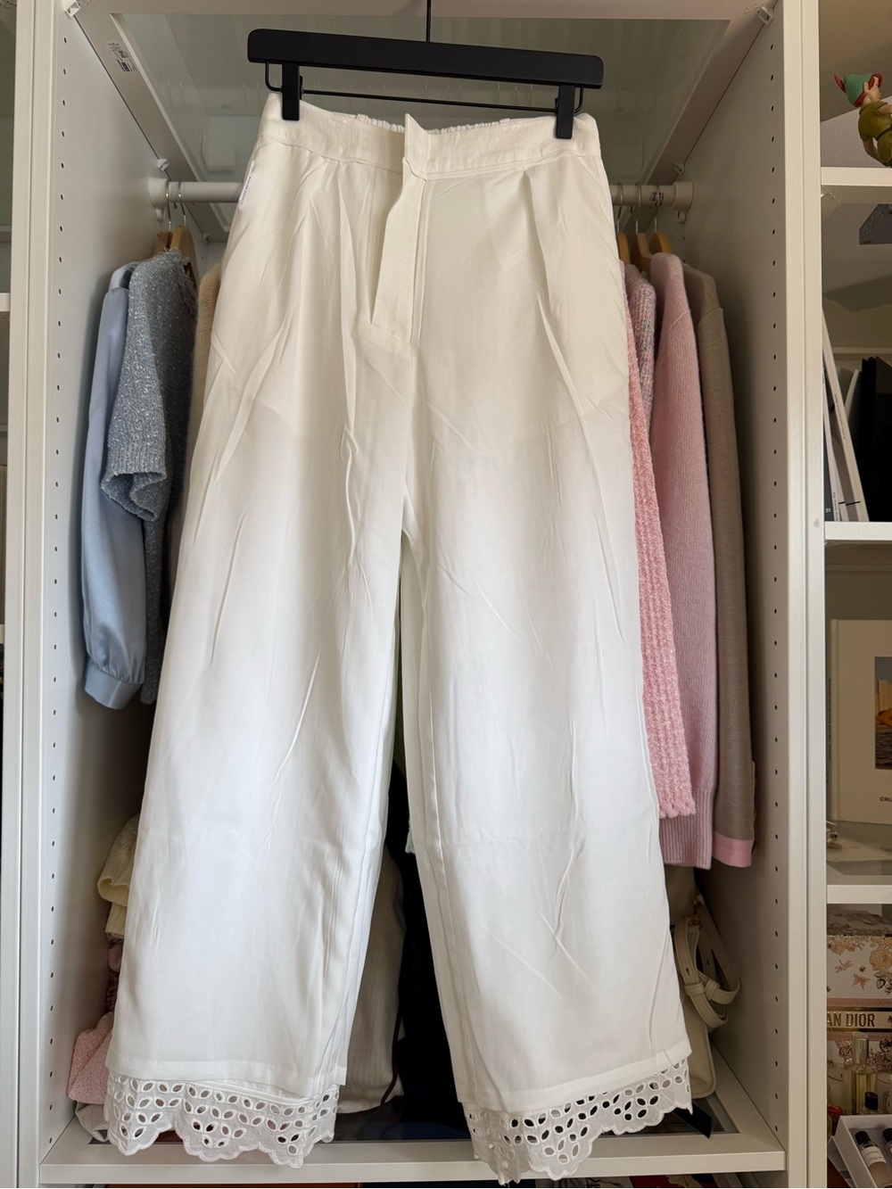Petite Studio White Linen Wide-Leg Pants with Eyelet Trim - Picture 9 of 9